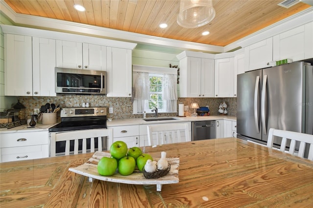 kitchen featuring pendant lighting, wood ceiling, sink, white cabinetry, and appliances with stainless steel finishes