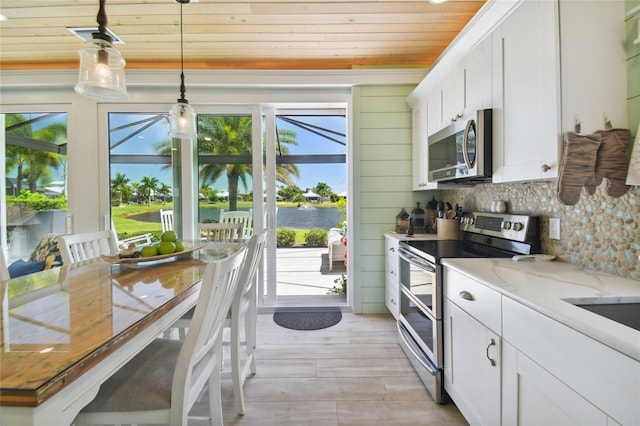 kitchen with appliances with stainless steel finishes, hanging light fixtures, a water view, and a wealth of natural light