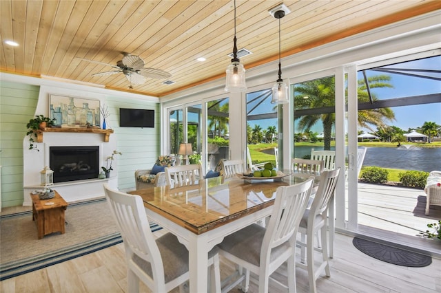 interior space featuring wooden ceiling and ceiling fan