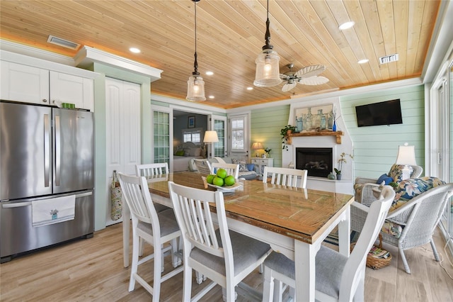 dining space with ceiling fan, wood ceiling, and light hardwood / wood-style flooring