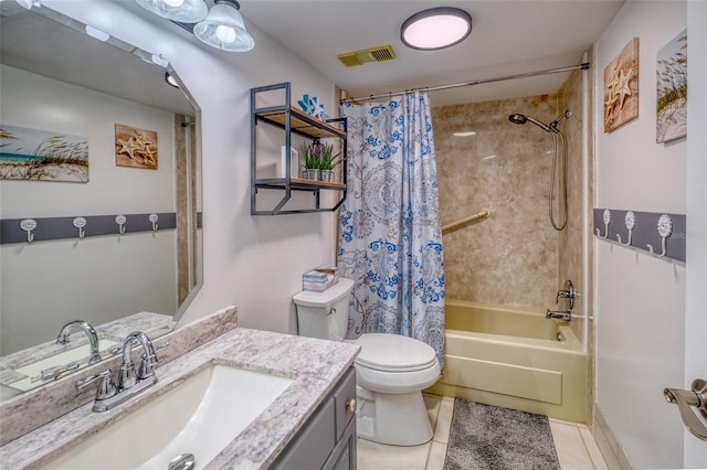 full bathroom with vanity, shower / bath combination with curtain, toilet, and tile patterned flooring