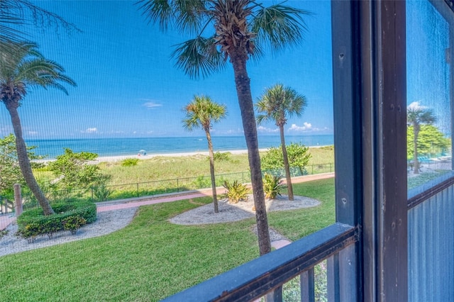 property view of water featuring a beach view