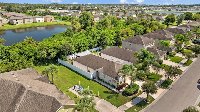 drone / aerial view featuring a water view