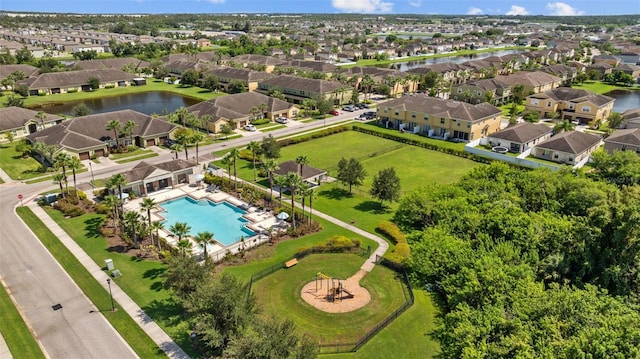 aerial view featuring a water view