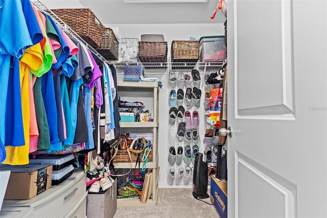 spacious closet featuring light colored carpet