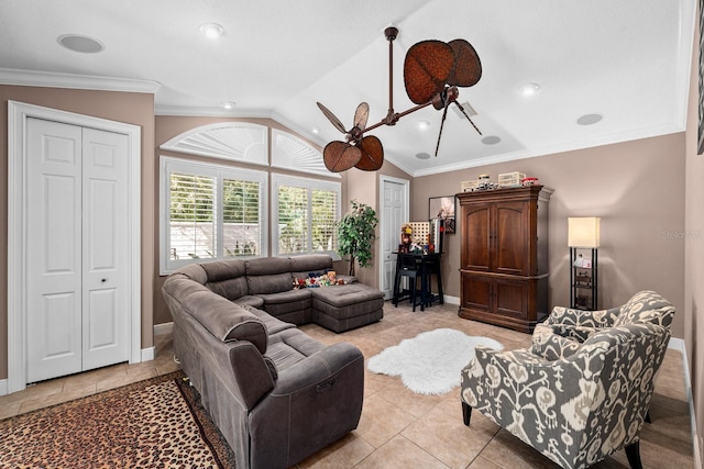living area with baseboards, vaulted ceiling, crown molding, and light tile patterned floors