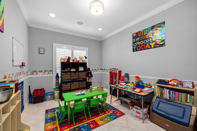 playroom featuring ornamental molding, recessed lighting, and tile patterned flooring