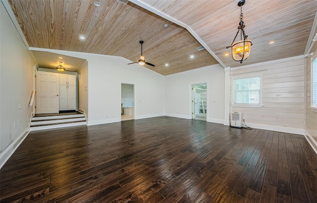 unfurnished living room featuring ceiling fan, wooden ceiling, dark hardwood / wood-style floors, vaulted ceiling, and wooden walls