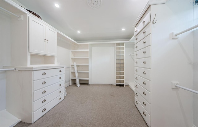 spacious closet featuring light carpet