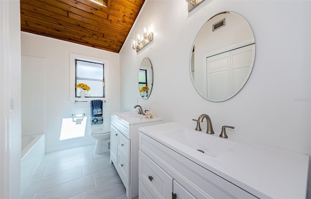 bathroom featuring tile patterned floors, vanity, vaulted ceiling, wooden ceiling, and toilet