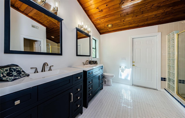 bathroom featuring toilet, vaulted ceiling, a shower with shower door, and wood ceiling