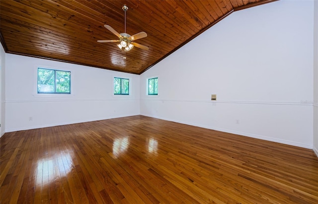 spare room with ceiling fan, wood-type flooring, high vaulted ceiling, and wooden ceiling