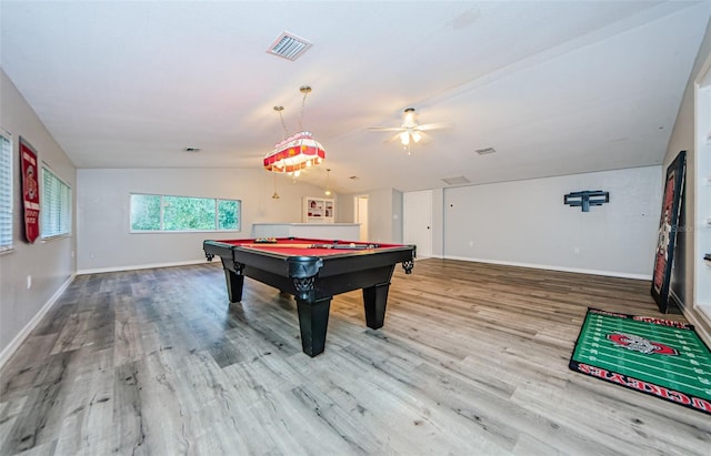 recreation room with wood-type flooring, vaulted ceiling, ceiling fan, and pool table