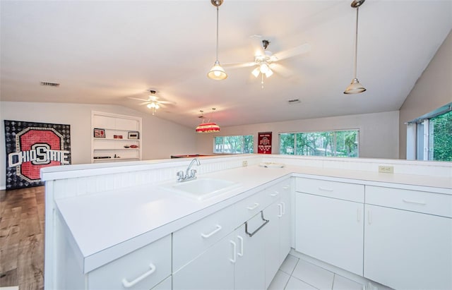 kitchen with built in shelves, sink, white cabinets, and lofted ceiling