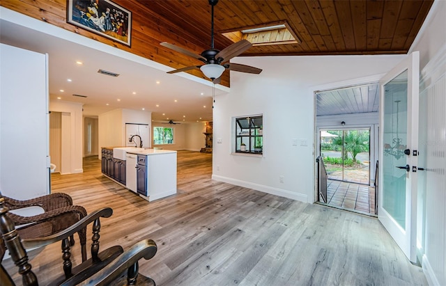 kitchen with visible vents, wooden ceiling, open floor plan, light countertops, and ceiling fan