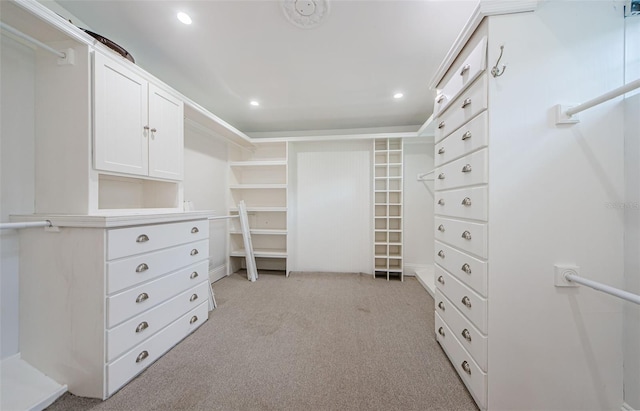 walk in closet with light colored carpet