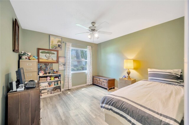 bedroom featuring ceiling fan and light hardwood / wood-style flooring