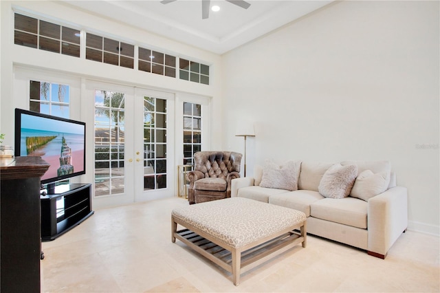 living room with recessed lighting, french doors, and a ceiling fan