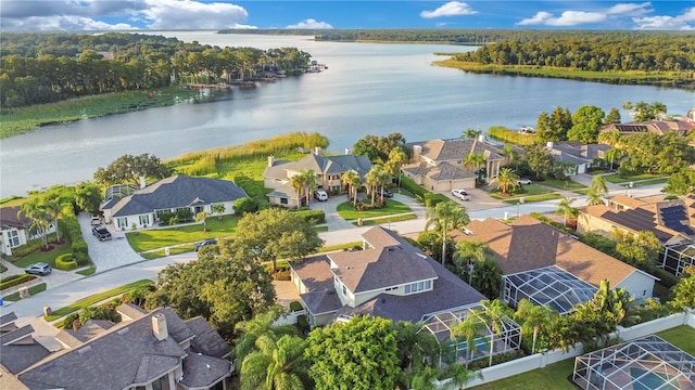 birds eye view of property with a residential view, a water view, and a wooded view