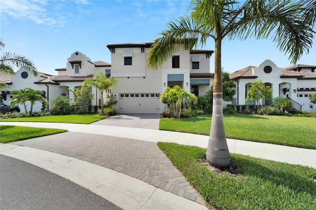 view of front of property with a front yard and a garage