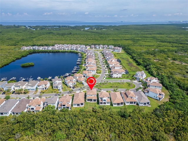 bird's eye view with a water view