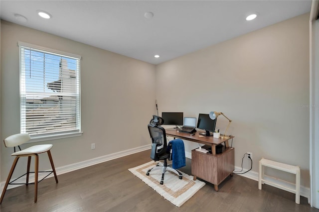 home office featuring dark wood-type flooring