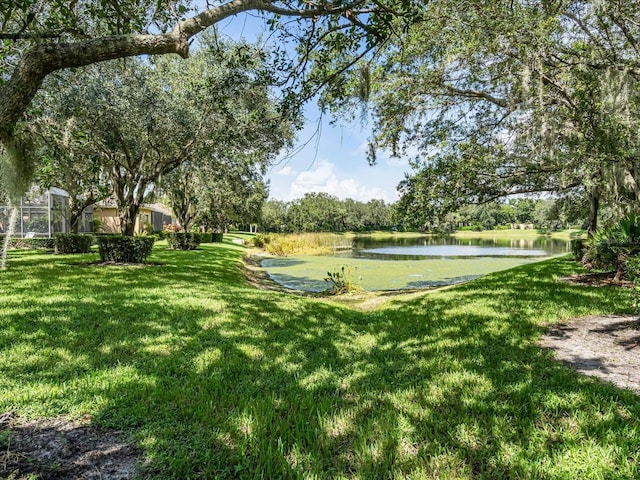 view of property's community featuring a lawn and a water view