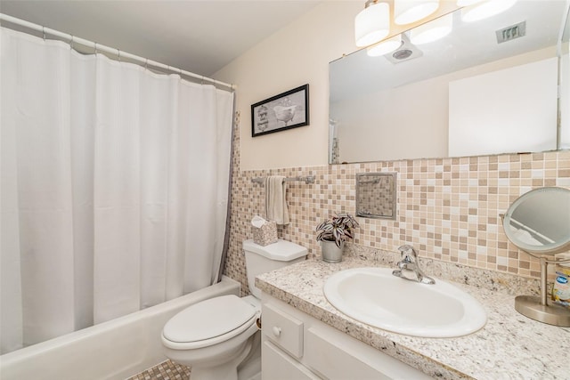 full bathroom featuring shower / bathtub combination with curtain, backsplash, vanity, and toilet