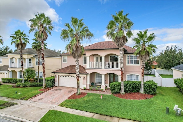 mediterranean / spanish-style home with a balcony and a front lawn