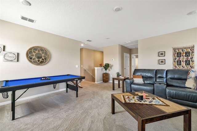 game room featuring pool table and light colored carpet