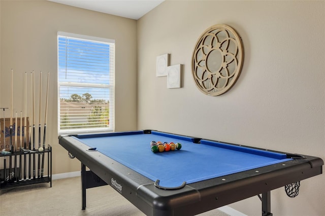 rec room with light carpet and billiards