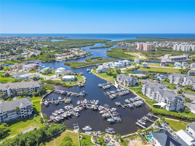 bird's eye view with a water view