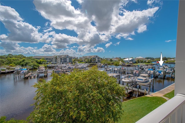 view of dock with a water view