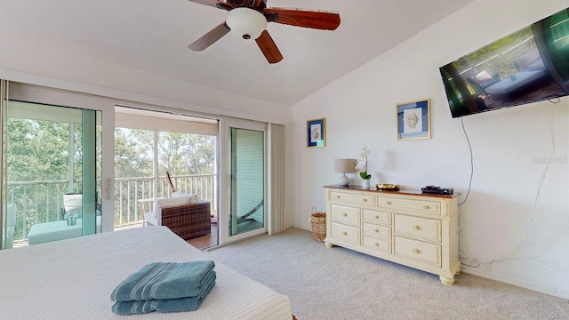 bedroom with lofted ceiling, ceiling fan, light colored carpet, and access to exterior