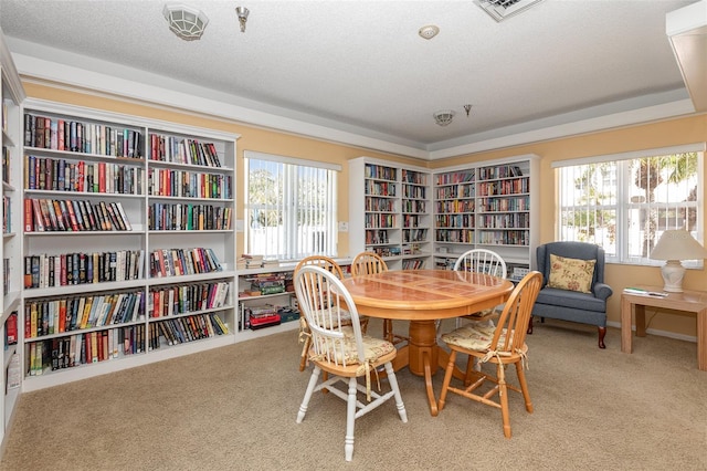 carpeted dining room with a textured ceiling and a healthy amount of sunlight