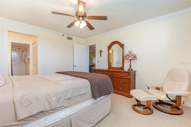 carpeted bedroom featuring a textured ceiling, crown molding, and ceiling fan