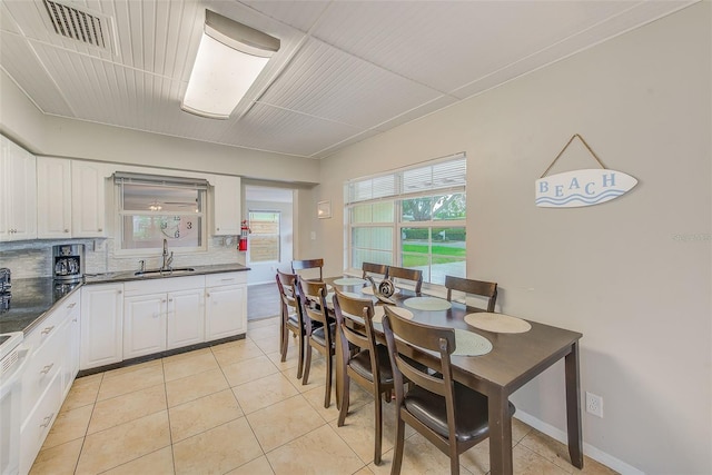 kitchen with a healthy amount of sunlight, decorative backsplash, sink, and white cabinets