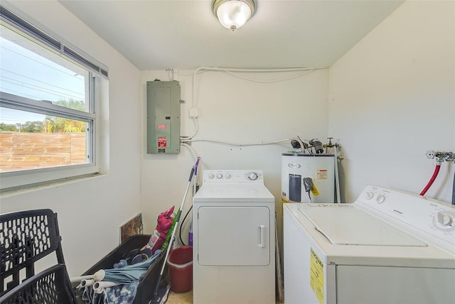 washroom with water heater, electric panel, and washing machine and clothes dryer