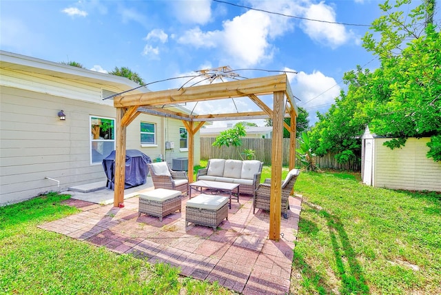 exterior space with a patio, an outdoor living space, a gazebo, a storage shed, and cooling unit