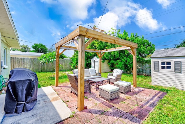 view of patio / terrace featuring a shed, outdoor lounge area, and a grill