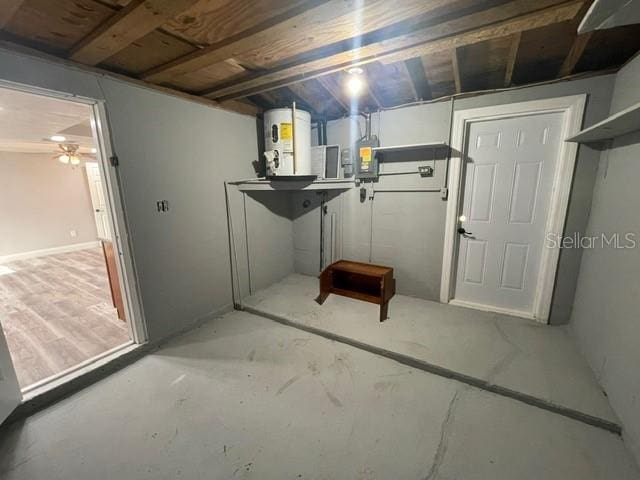 basement with electric water heater and ceiling fan