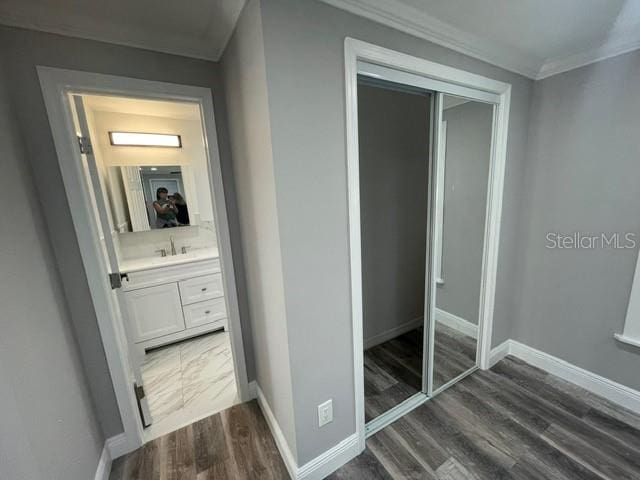 interior space with sink, crown molding, and dark hardwood / wood-style floors