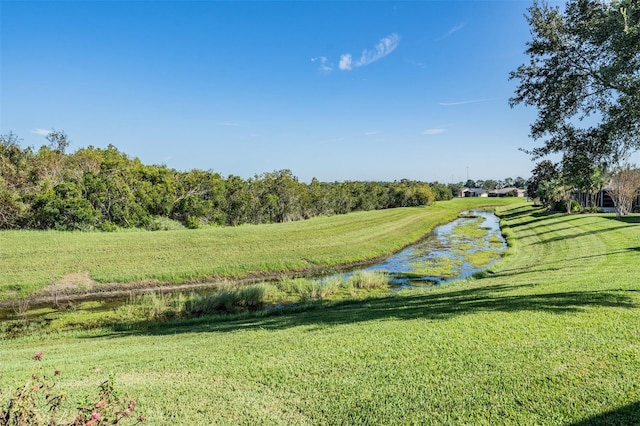 view of community with a lawn and a water view