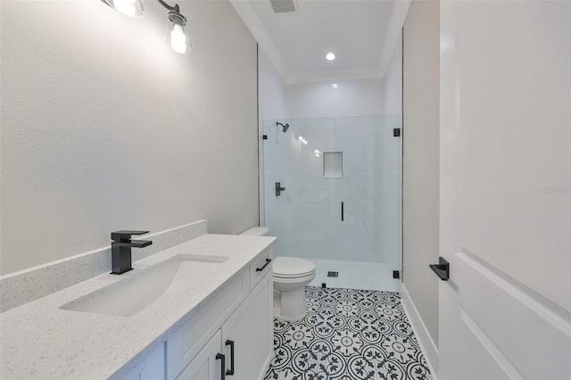 bathroom with vanity, a shower with shower door, toilet, and tile patterned flooring