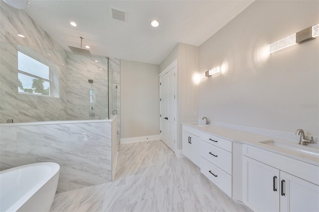 bathroom with independent shower and bath and vanity