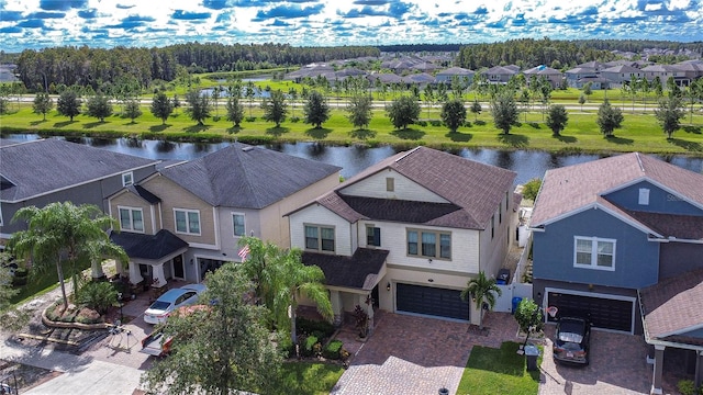 drone / aerial view featuring a water view