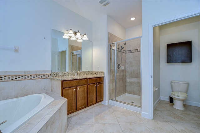 full bathroom featuring plus walk in shower, tile patterned flooring, vanity, and toilet