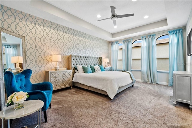 619 Windward Cir S, Boynton Beach, FL 33435 - carpeted bedroom with wallpapered walls, baseboards, a ceiling fan, and recessed lighting
