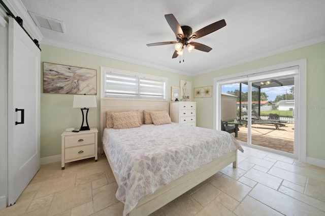 bedroom with a textured ceiling, access to outside, a barn door, crown molding, and ceiling fan