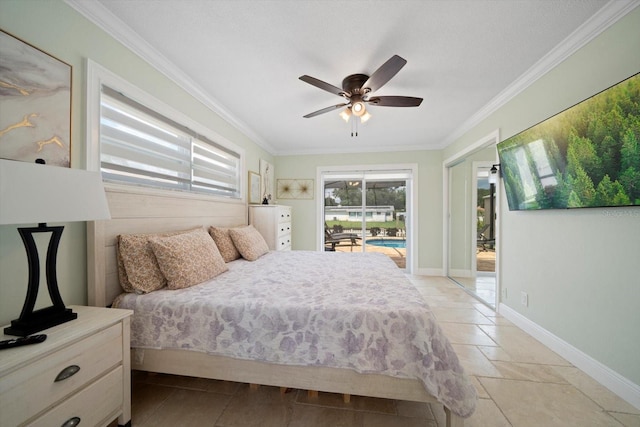 bedroom with ceiling fan, ornamental molding, and access to exterior